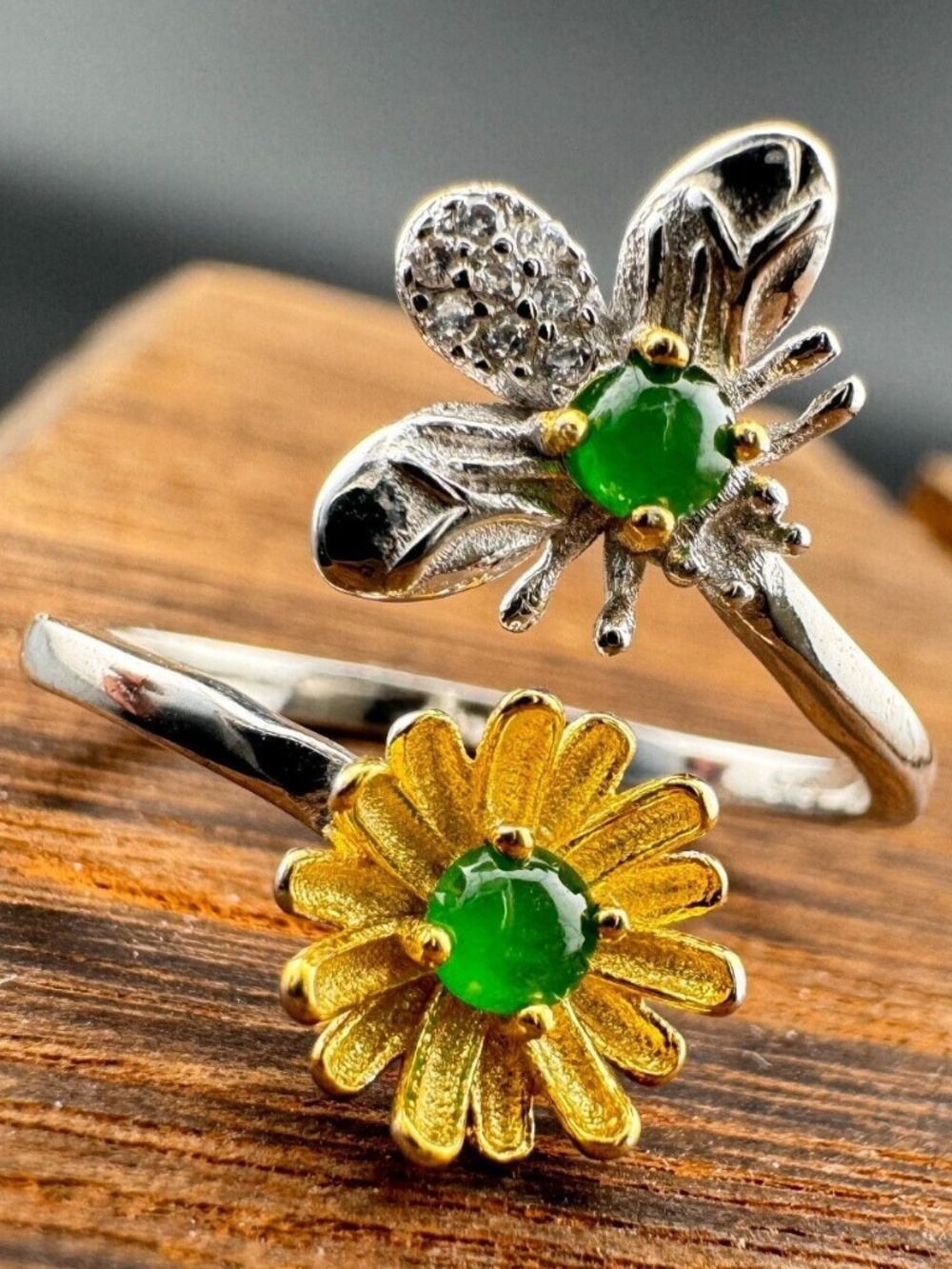 Adjustable Grade A Burma Jadeite Ring with S925 Sterling Silver Flower&Butterfly